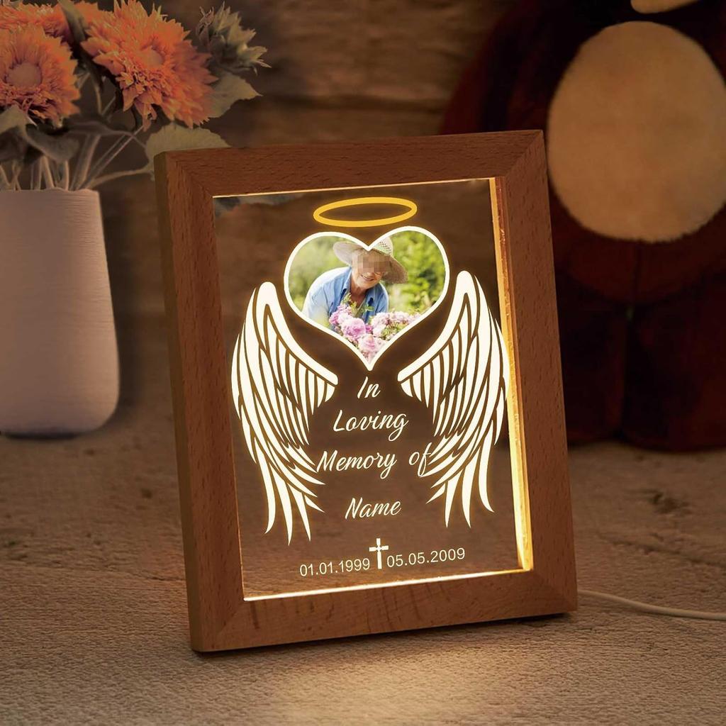 Custom Memorial Night Light with Picture Frames Personalized Acrylic Plaque Sympathy Bereavement Gift with Photo Name Date for Loss of Love(S-Heart