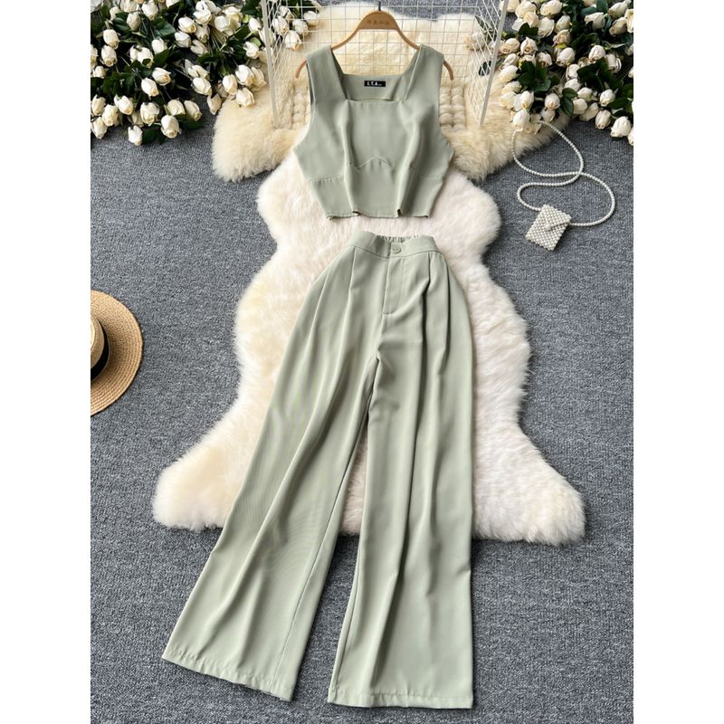 Fashion Niche Style Anti-Aging Outfits Women's Short Crop Top Sleeveless Vest Tops + High Waist Wide Leg Leisure Suit Pants