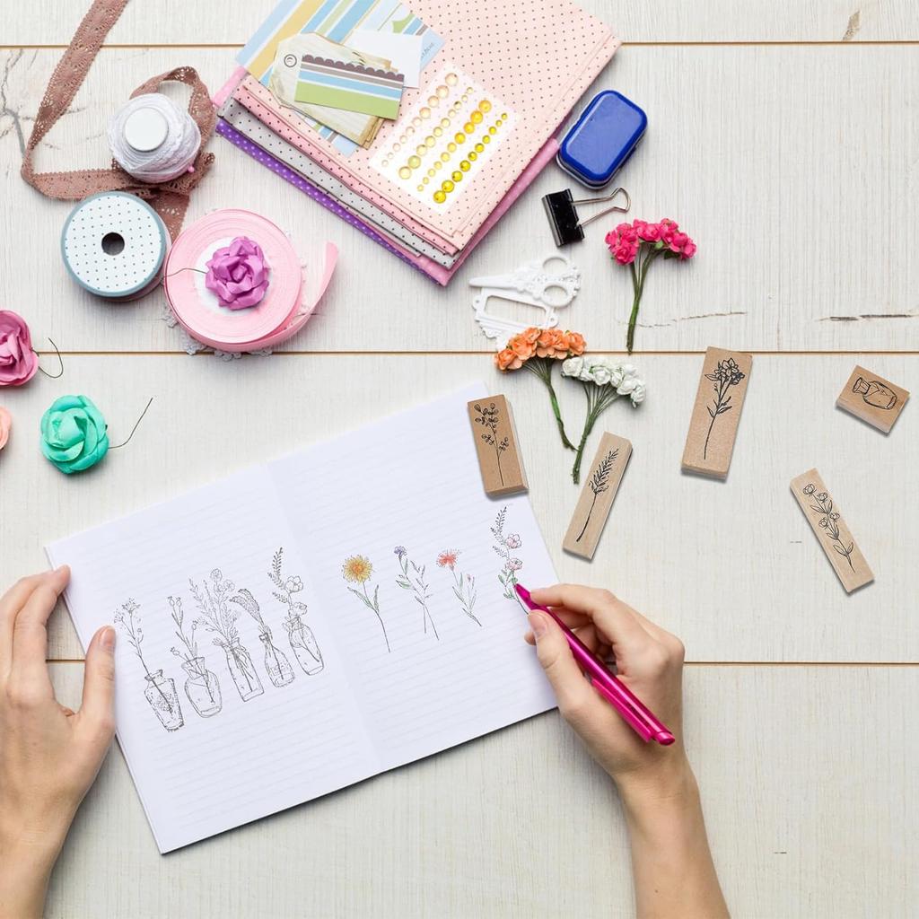 Marspark 31 Pieces Vintage Wooden Rubber Stamps Flower Plant Decorative Cute Wood Mounted Stamps Set for DIY Craft, Scrapbook, Journaling and Letters