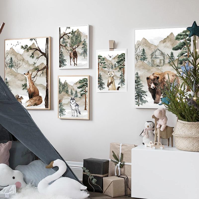 Bear Deer Fox Wolf Forest Jungle Animal Nursery Wall Art Canvas Painting Nordic Posters and Prints Pictures Kids Room Home Decor