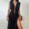 Vacation Beach Summer Maxi Dress Bohemian Style Deep V Neck Sleeveless Hollow Out Pleated Split Lace-up Belted Waist Long Dress