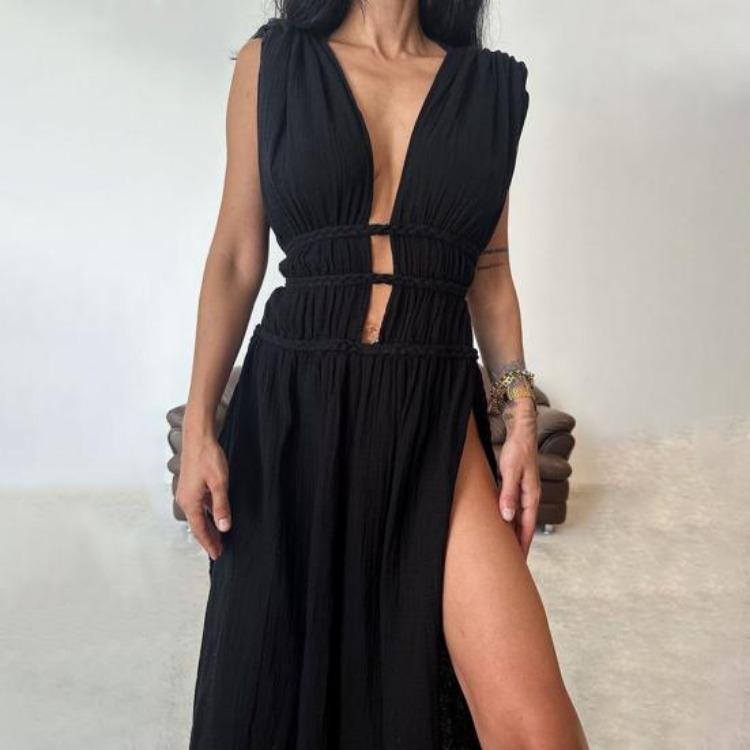 Vacation Beach Summer Maxi Dress Bohemian Style Deep V Neck Sleeveless Hollow Out Pleated Split Lace-up Belted Waist Long Dress