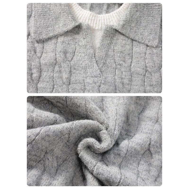 Men Fake Two Piece V Neck Twisted Knit Long Sleeve Casual Polo Sweater