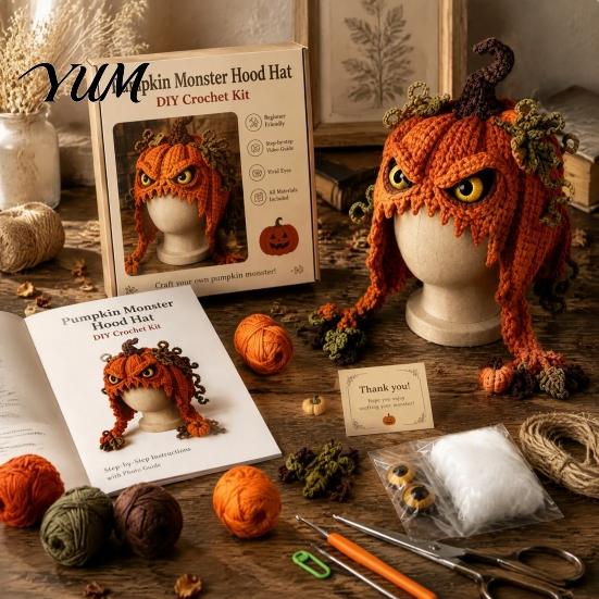 Knitting Accessories Bundle Highland Cow Hat Crochet Kit, Halloween Pumpkin Spider Hood Creative Hobby Gift for Adults DIY Handmade Craft Kit