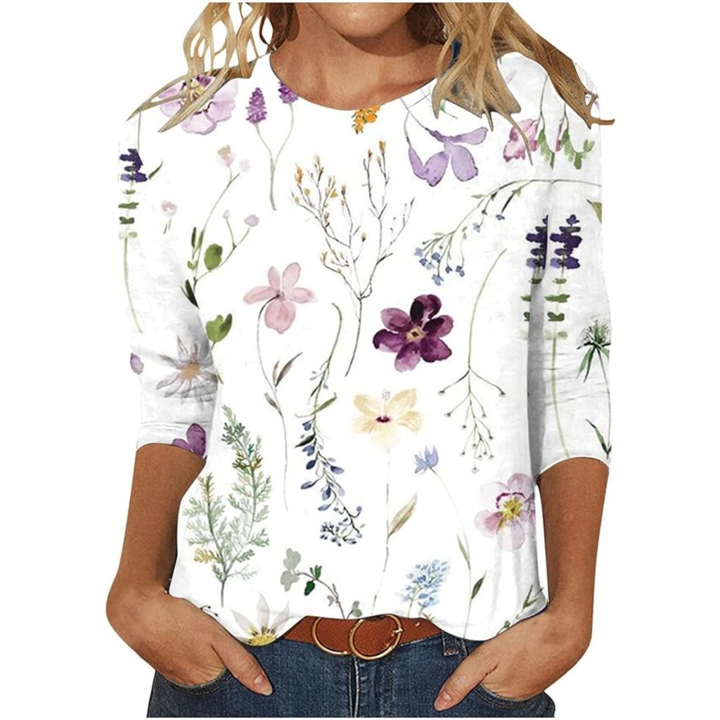 Vår och Höst Rundhals Blommönster 3D Kreativ Personlig Färgglad Tryckt Topp Trendig Casual Långärmad Dam T-shirts