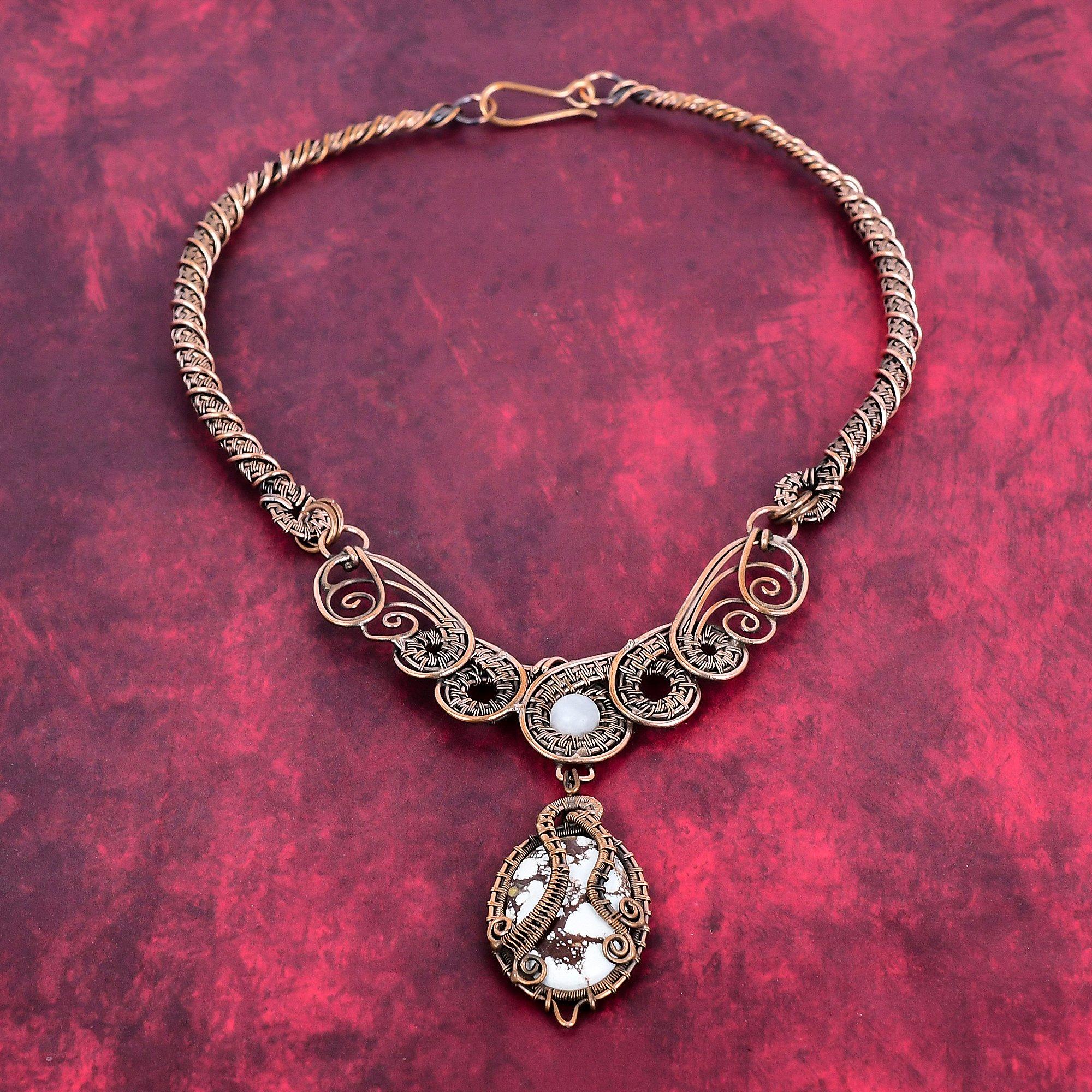 Wild horse magnesite gemstone necklace copper wire wrapped necklace handmade jewelry rainbow moonstone necklace gifts for mom copper jewelry