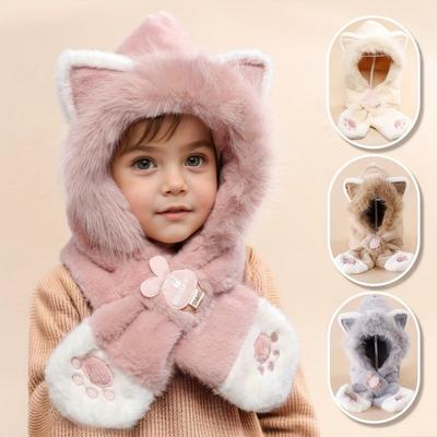 Youngsters Cute Cat Ear Winter Plush Thickened Ear and Neck Protection Daily Warm Cat Paw Embroidery Hat and Scarf Combo