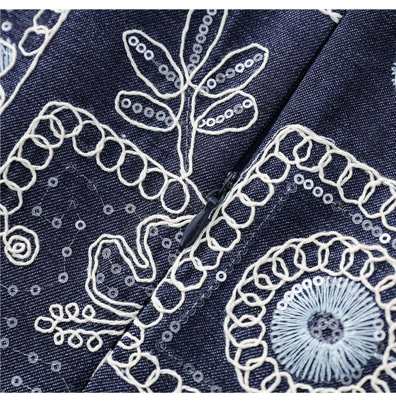 High-Quality French Retro Sequin Embroidered Denim Skirt Dress for Women