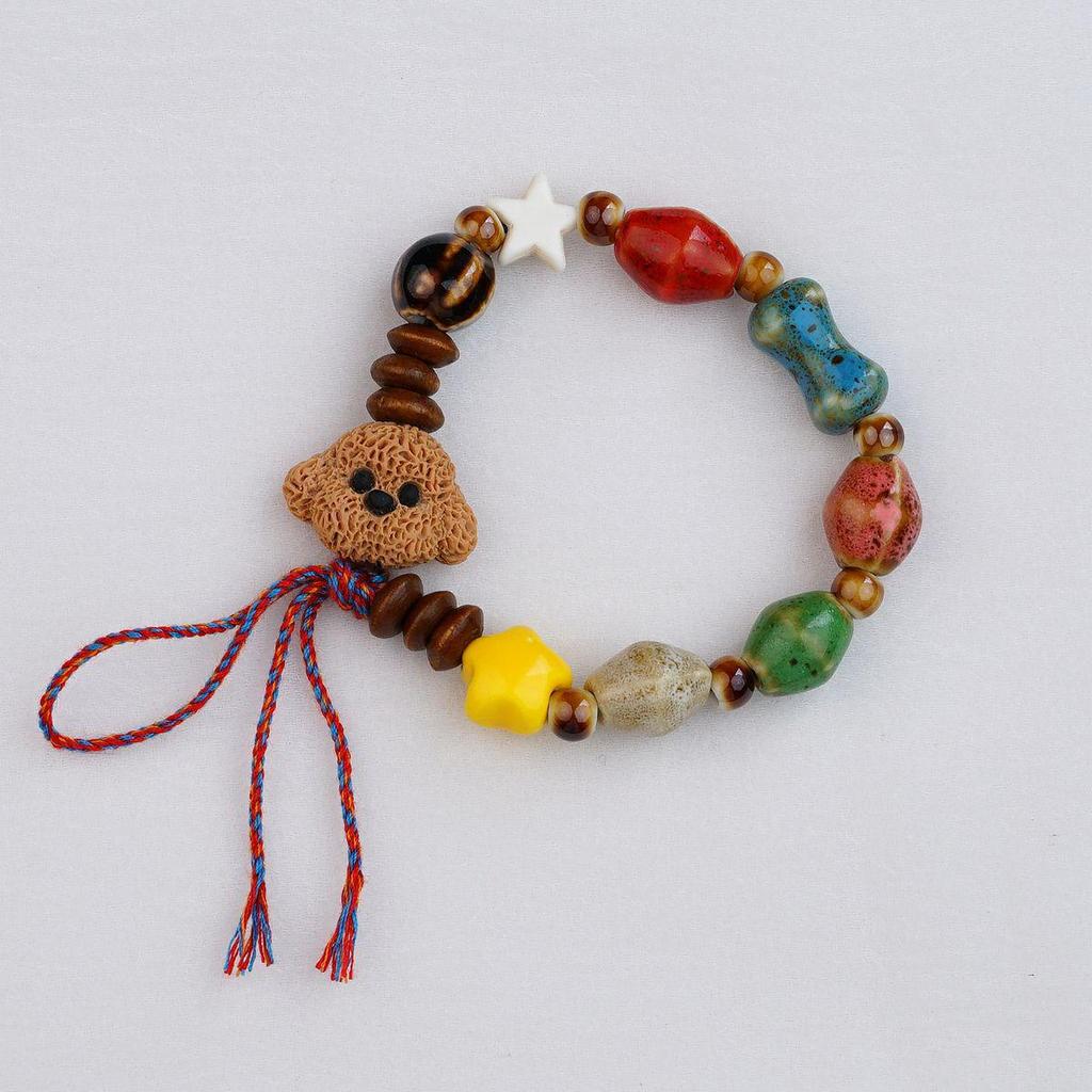 Retro Chinese Ceramic Puppy Beaded Bracelet for Women - Colorful, Versatile, Niche Design Jewelry.