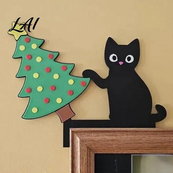 Wooden Animal Wall Art Cartoon Cat Door Frame Pendant Cute Black Corner Decorative Sticker Decoration for Photo Frames And Cabinets Funny Topper