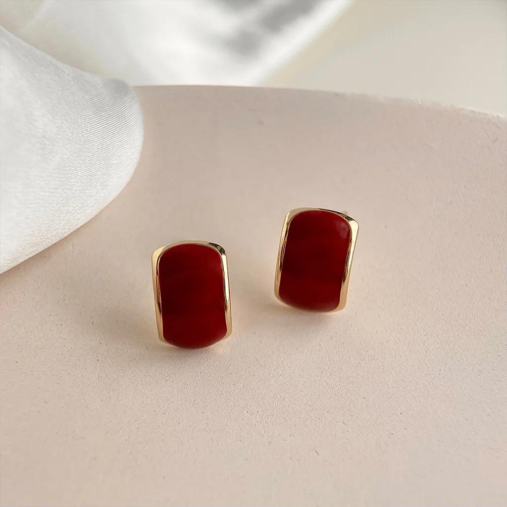 Korean Red Color Arc C Shaped Stud Earrings for Women Simple Enamel Glaze Geometry Curved Ear Zircon Friend Christmas Gift