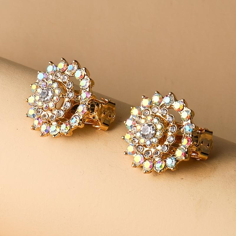 

Цветочный дизайн с полным блестящим декором из страз, серьги-гвоздики из цинкового сплава, позолоченные ювелирные изделия на каждый день золотой