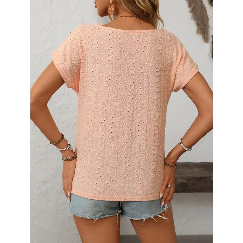 Women's Spring Summer Solid Color Round Neck Button Short Sleeved T-shirt with Hollowed Out Top