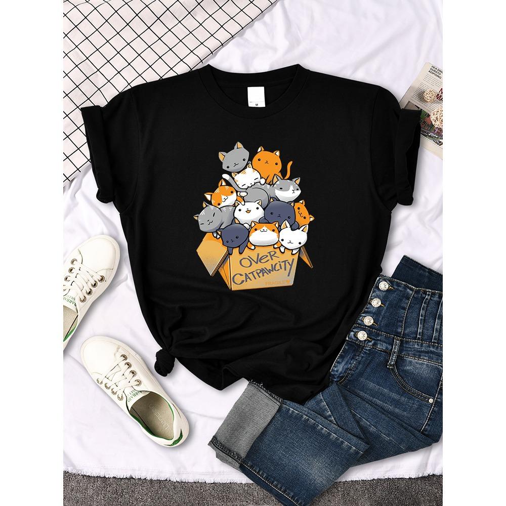 

Women s Casual Creative Summer T-shirt with Cat Print, New Round Neck Breathable Women s Aesthetic Clothes Summer Streetwear Y2K M