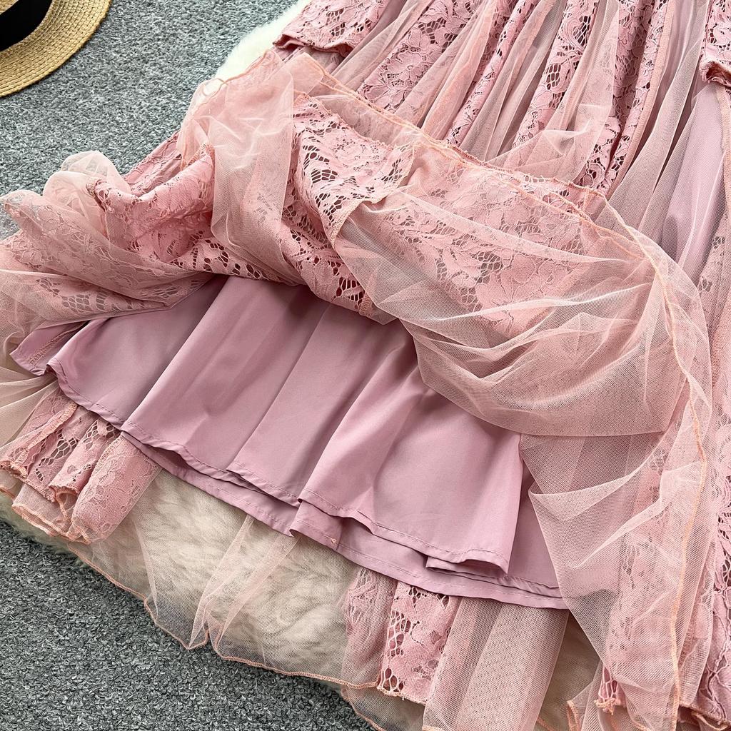 Schickes Vintage Einreiher Spleiß-Mesh Slim Elegant Fee Mode Boho Sommerkleid Damenbekleidung Langes Kleid