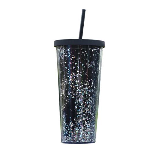 24OZ/710ml Water Cup with Straw Glitter Double Wall Wavy Edge Straight Tumbler Juice Iced Coffee Cup Daily Use
