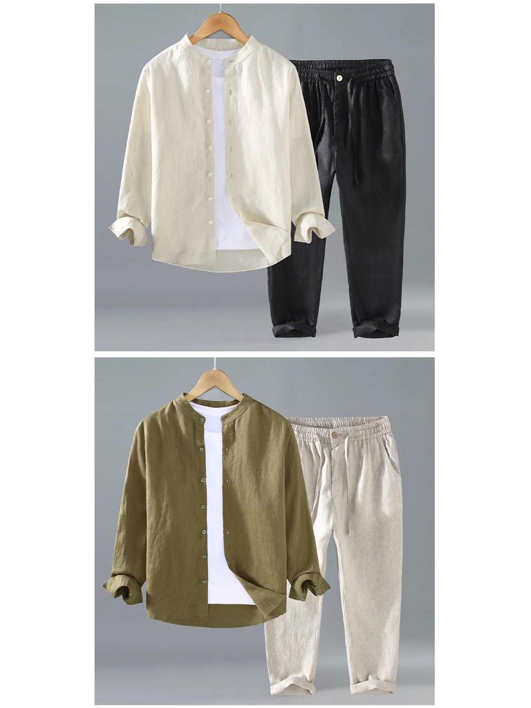 Pure Linen Men's Stand Collar Long Sleeve Shirt - National Style, Versatile, Trendy, Loose Fit