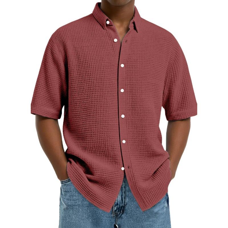 Men's Short-Sleeve Waffle-Knit Collared Shirt - Breathable Casual Button-Down Loose-Fit Top