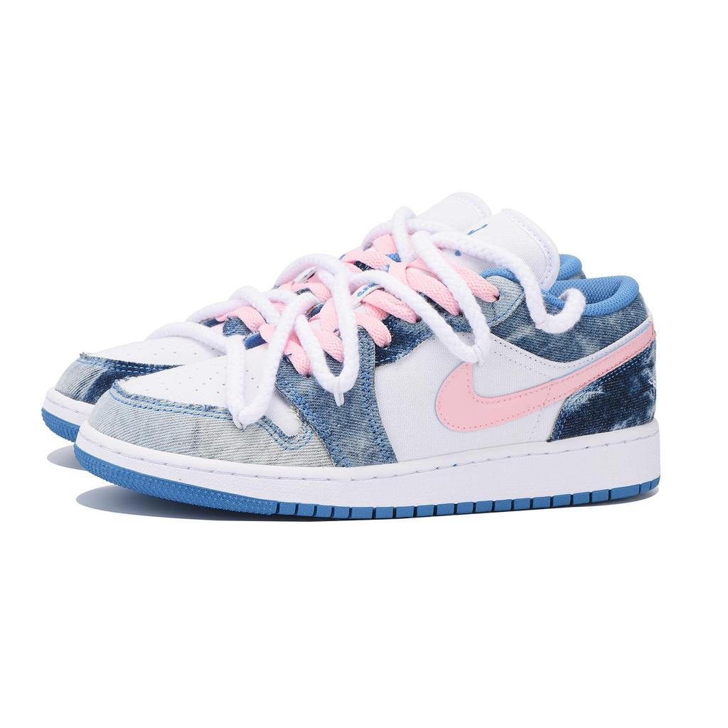 Jordan Air Jordan 1 Washed Denim Slip Resistant Abrasion Resistant Low top Vintage Basketball Shoes GS White Blue DM8947-100(Team265-SBOX)