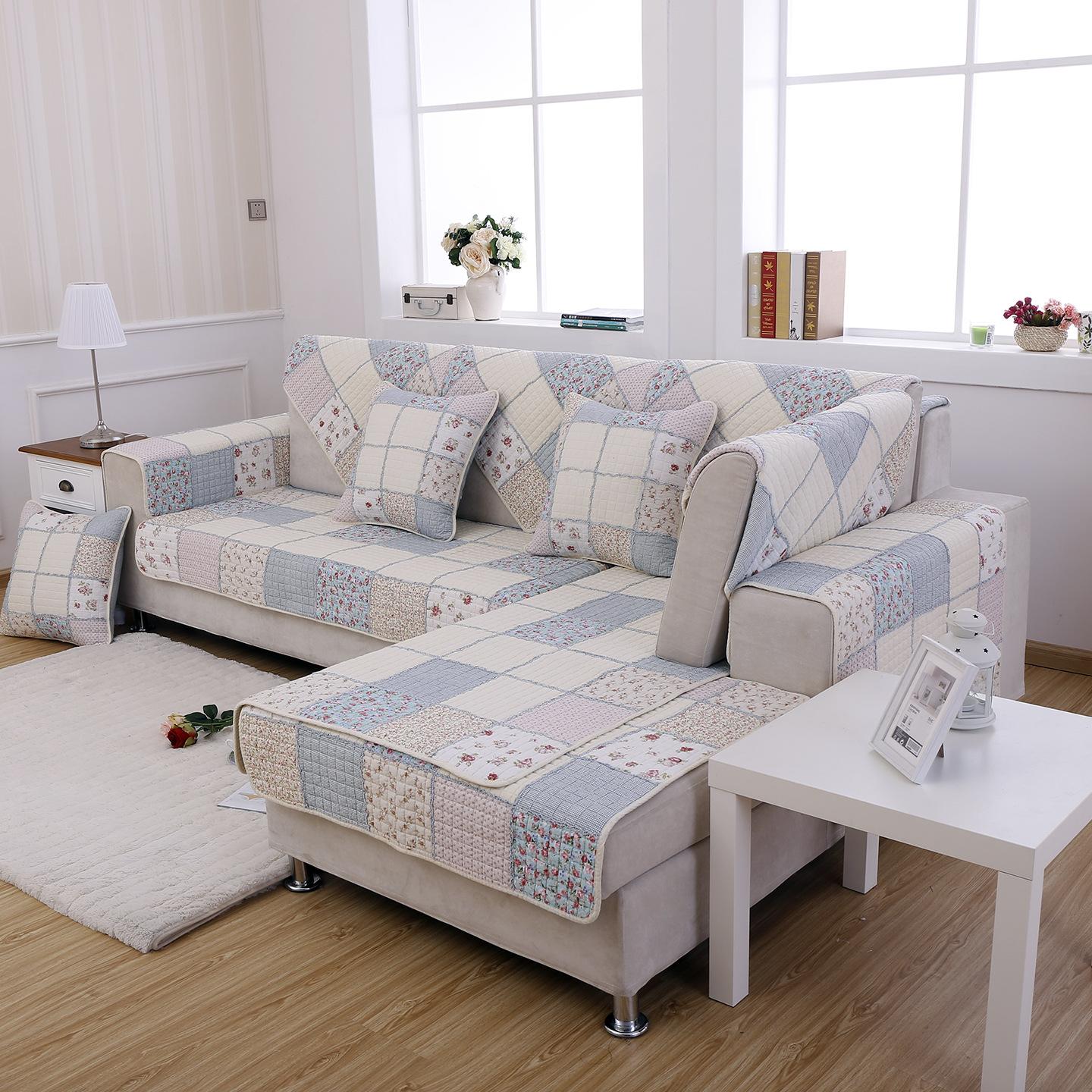 

100% Cotton Quilted Sofa Cover Slip Resistant Patchwork Floral Pad Universal Size for Living Room Furniture Decor Anti Slip Mat 1PC-48x48cm