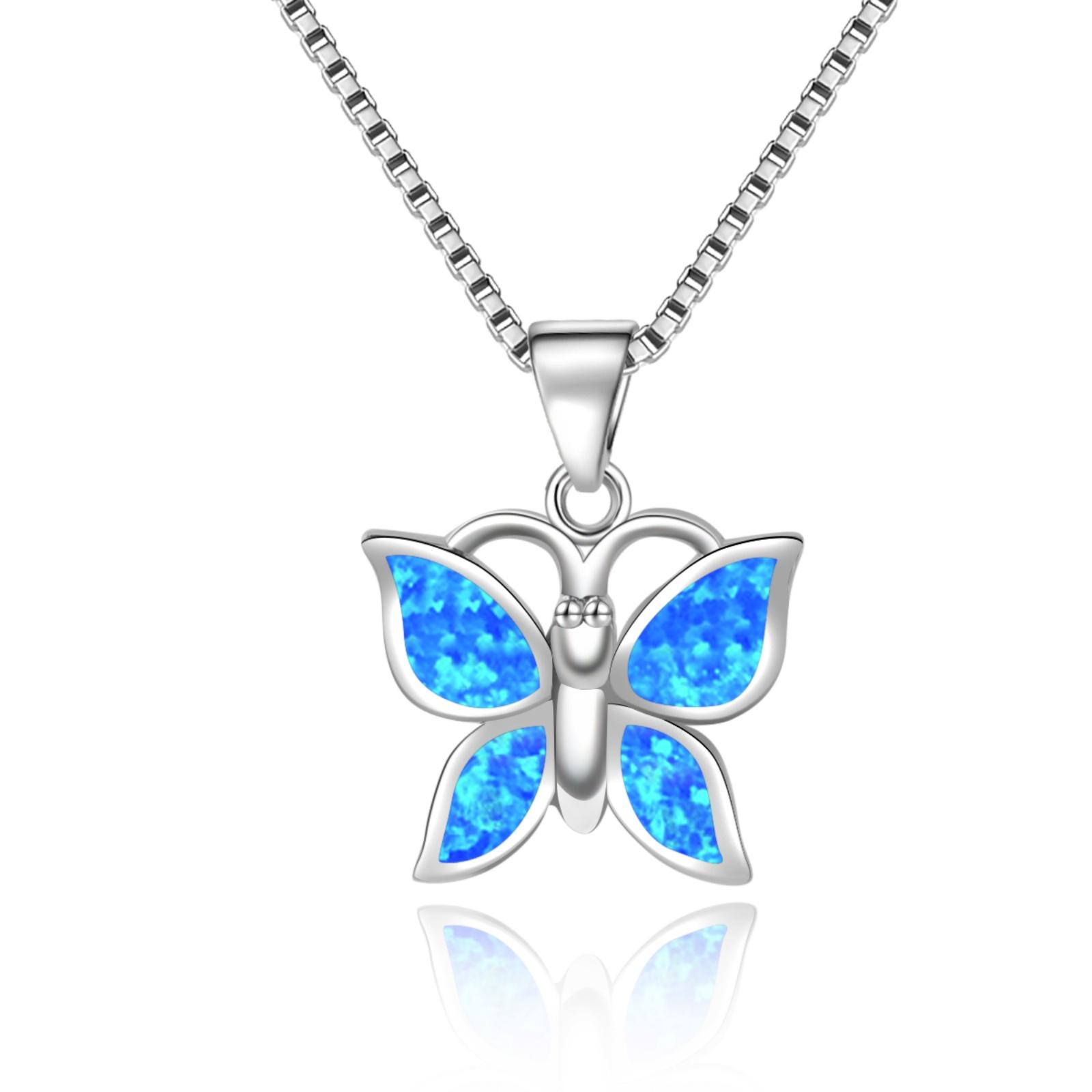 Aobao Copper Opal Pendant Necklace-Blue Fire Opal Inlaid Butterfly Design Link Chain | Coastal Nature Jewelry Bulk Gifts 19.0in & above&Fashion