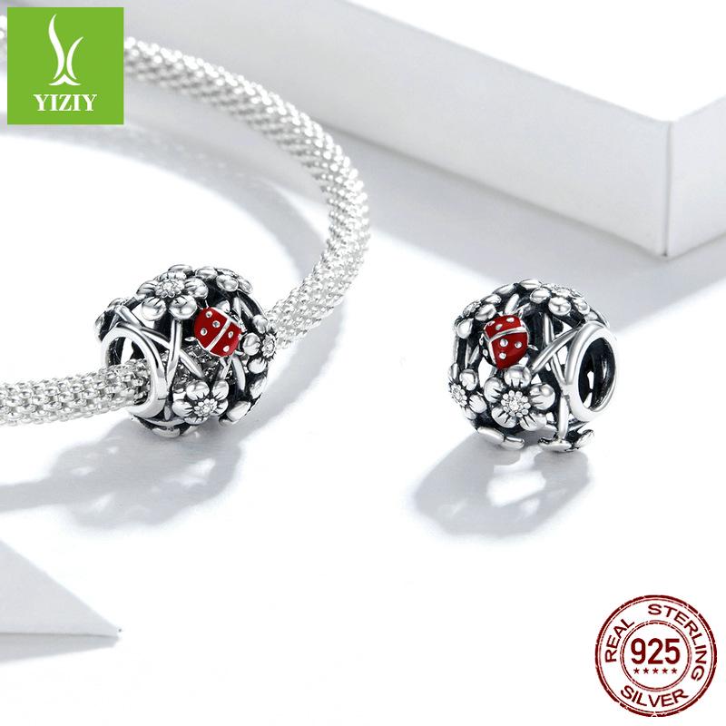 Trädgårdsfe S925 Sterling Silver Nyckelpiga Pärlor DIY Armband SCC1641