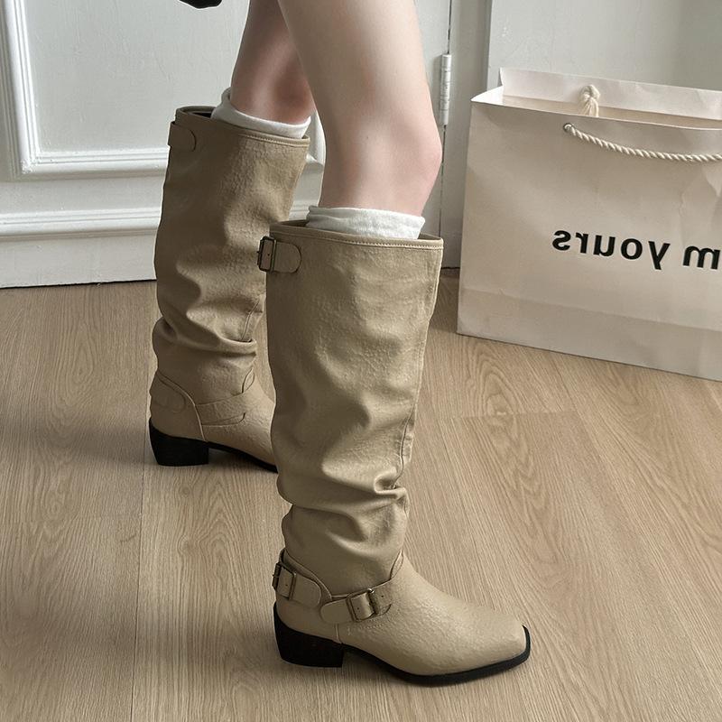 Vintage pleated simple fashion boots women's 2025 autumn and winter new versatile daily Maillard high boots knight boots tide