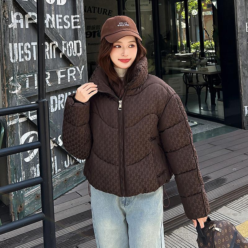Women’s Short Stand Collar Houndstooth Windproof Thicken Warm Winter Jacket