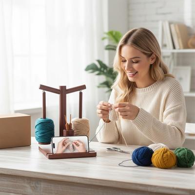 Yarn Spinner For Crocheting Magnetic Rotating Wooden Knitting Spinner Crochet Yarn Holder With Phone Stand And 2 Spindles For