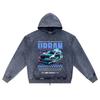 DTG Print Knitted Denim Zip-Up Hoodie Urban Racing Drift Brother Print Zipper Hoodies  
