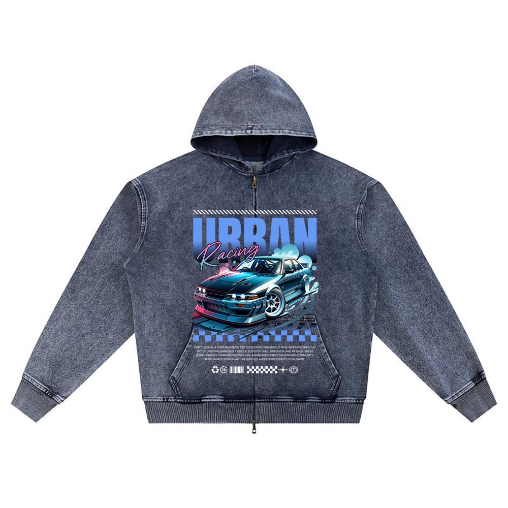DTG Print Knitted Denim Zip-Up Hoodie Urban Racing Drift Brother Print Zipper Hoodies