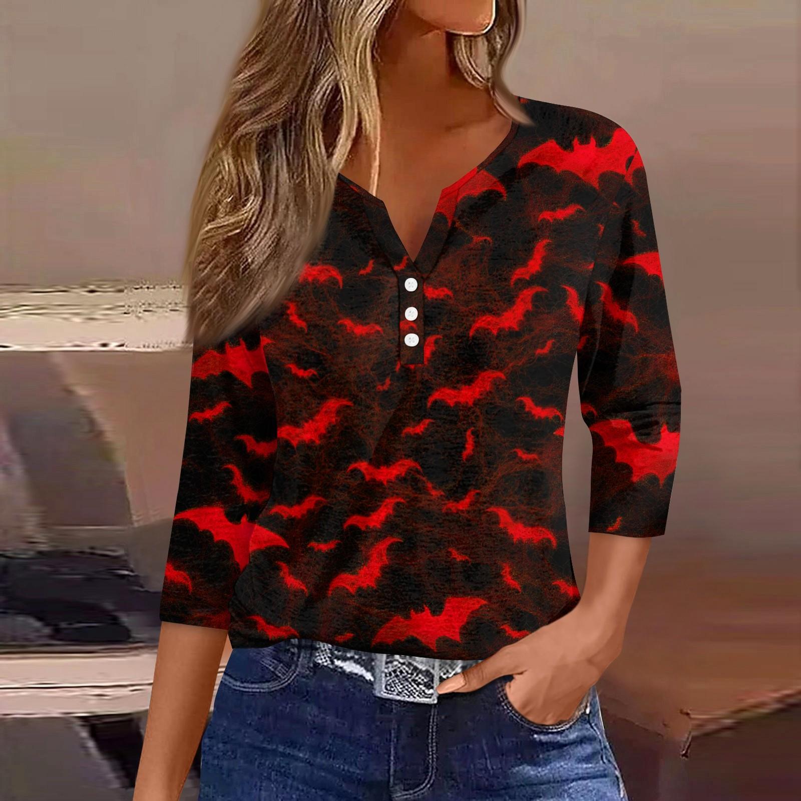 

Women s T Shirt Tee Print Button 3/4 SleeveDaily Weekend Fashion Basic V- Neck Regular Top M червоний