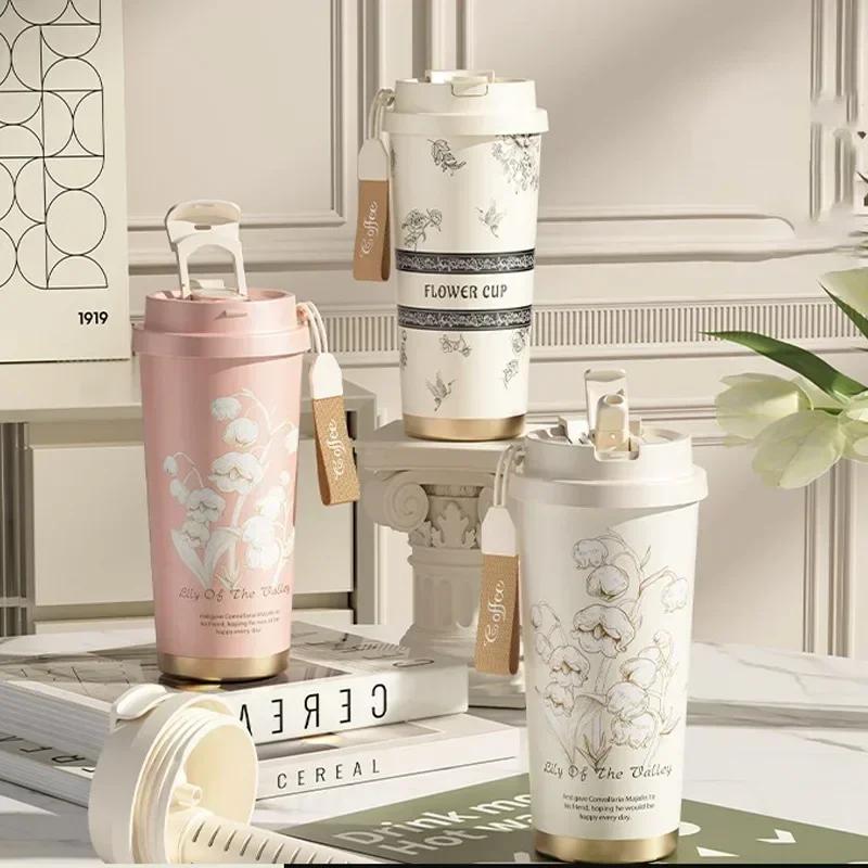 2026 Hot Lily of The Valley Design Travel Portable Leakproof Sippy Cup Coffee Cup Stainless Steel Car Cold Handy Cup Lijiao