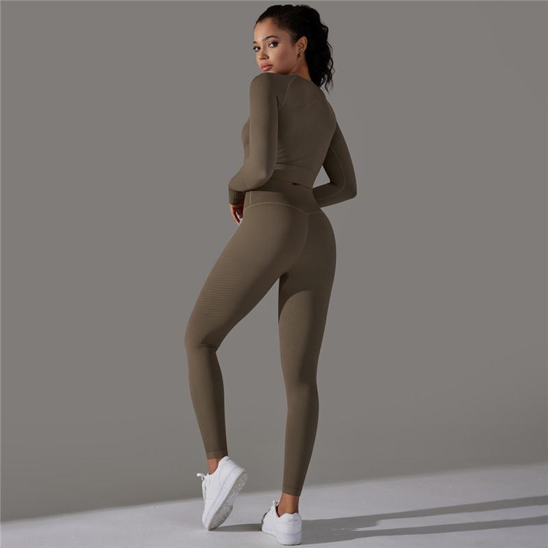 Knit Seamless Long Sleeve Yoga Set High Waist Sports Pants Exercise Running Suit Fitness Clothing