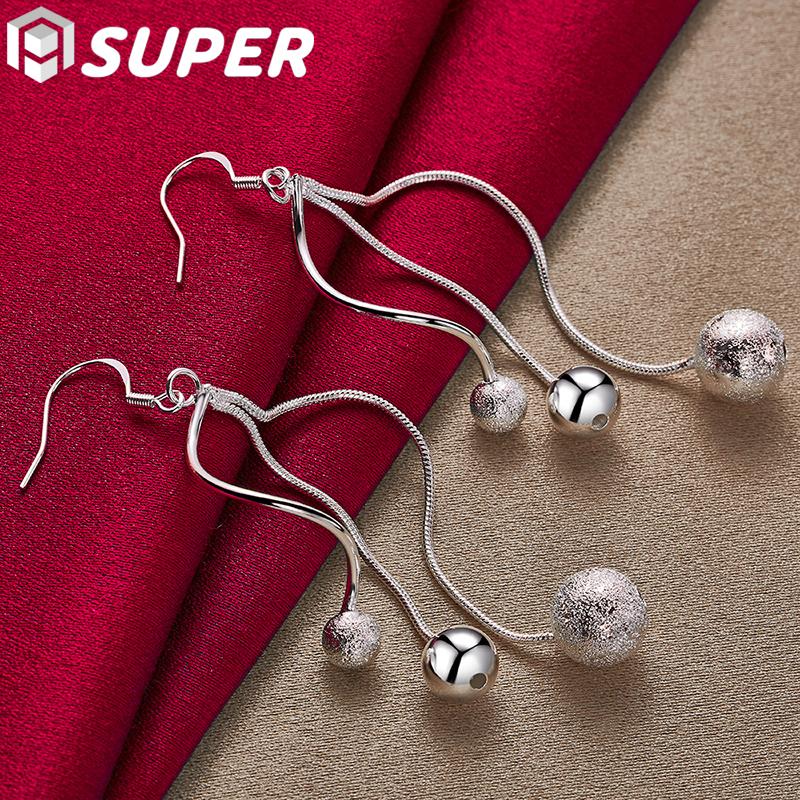 925 Sterling Silver Smooth Frosted Beads Ball Drops Earrings Jewelry