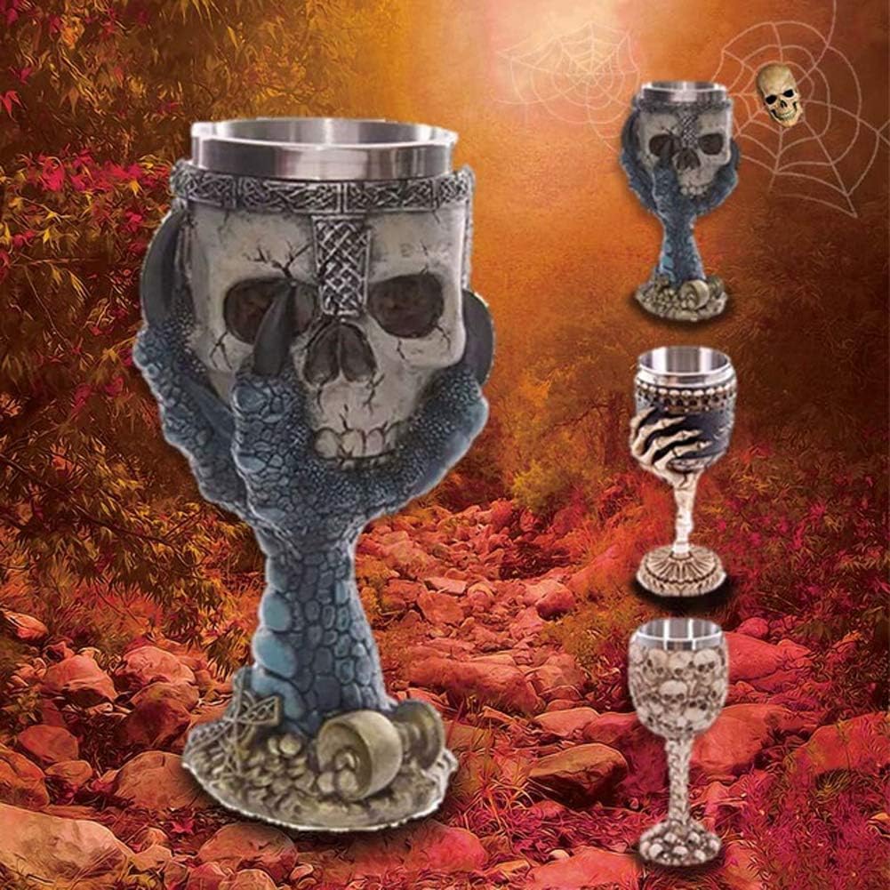 Tvoip Horrible Resin Stainless Steel Skull Goblet Retro Claw Wine Glass Gothic Cocktail Glasses Wolf Whiskey Cup Party Bar Drinkware (Skull1)