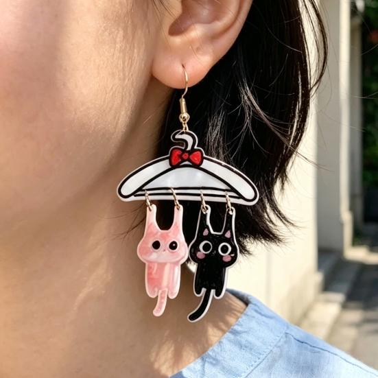 Novelty Cartoon Cat Drops 1 Pair Cute Dangle Drop Earrings for Women, 2D Acrylic Kitten Playful Accessory Gift Hang on Clothes Hanger Earrings, Funny