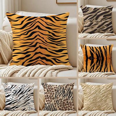 Fashion Tiger Stripes Pattern Design Art Cushion Cover Pillowcase Anti-Dustmite Invisible Zipper Short Plush Sofa Cushion