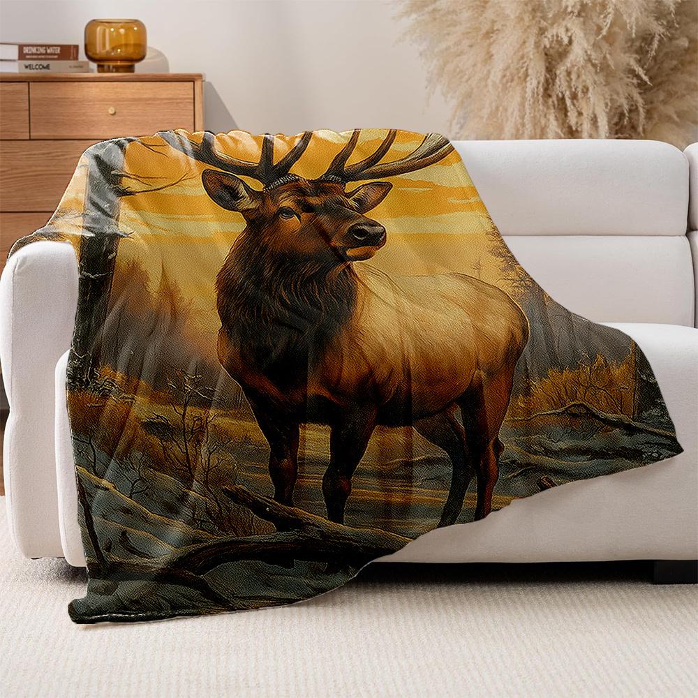 1pc Realistic Deer & Forest Print Flannel Blanket - Heavyweight Plush All-Season Soft Warmth, Machine Washable Luxury Bedspread