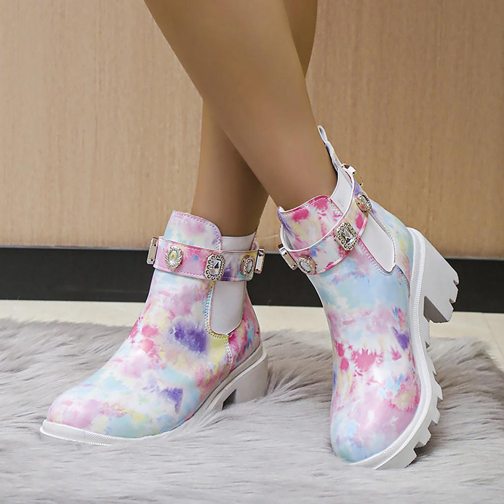 Women's Fashion Color Solid Color Ankle Boots Women's High Heel Rhinestone Chunky Heel Ankle Boots Suede Boots for Women