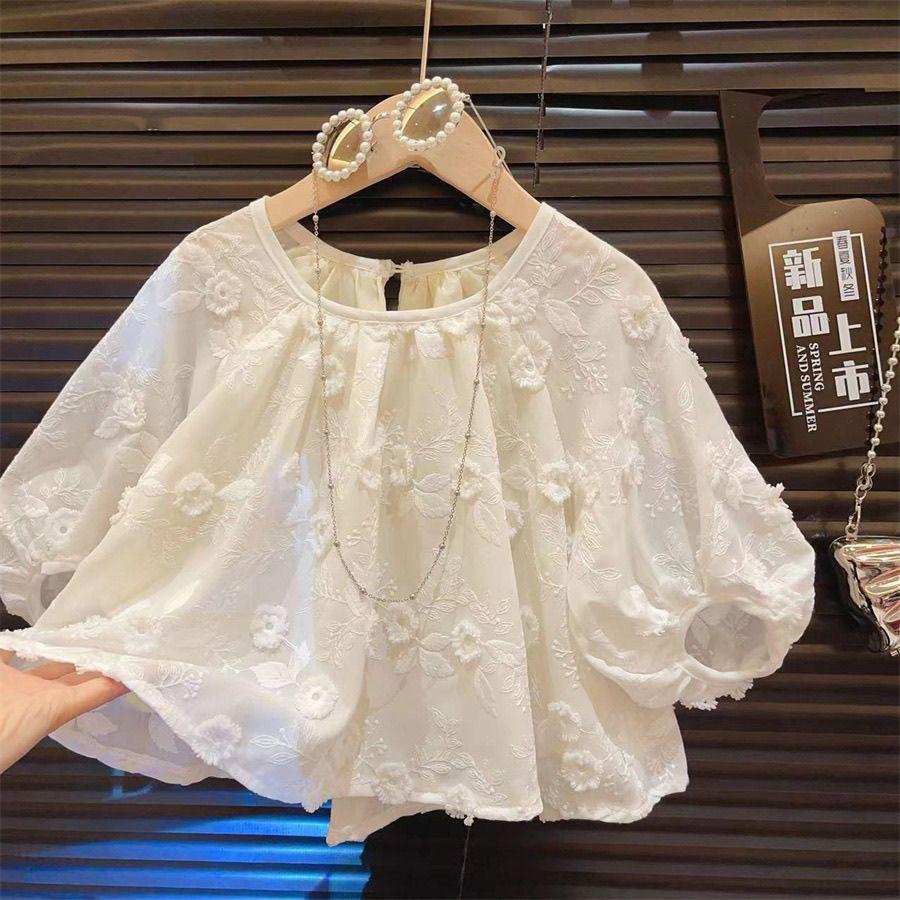 Girls Embroidered Lace Trim Blouse with Denim Pants Set 80
