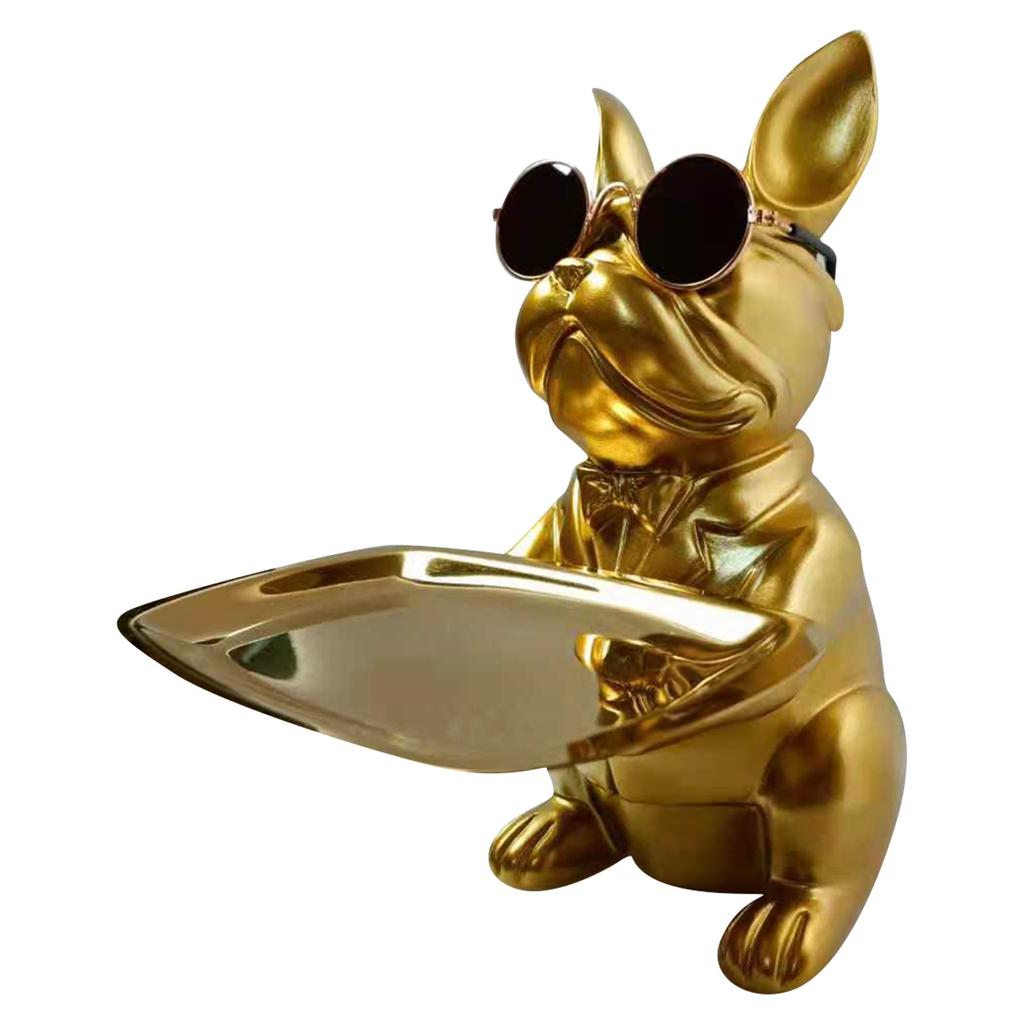 Resin Cool Dog Sculpture Bull-dog Decorative Figurine Storage Tray Coin Bank Entrance Key Snack Holder Modern Art Statue Home