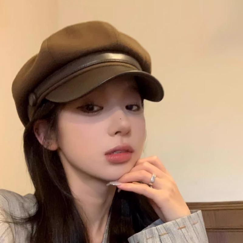 Novo Boina Octogonal Feminina 2025 – Preto, Ajuste para Cabeça Grande, Tendência Artística Outono/Inverno, Estilo Pintor de Rosto Pequeno