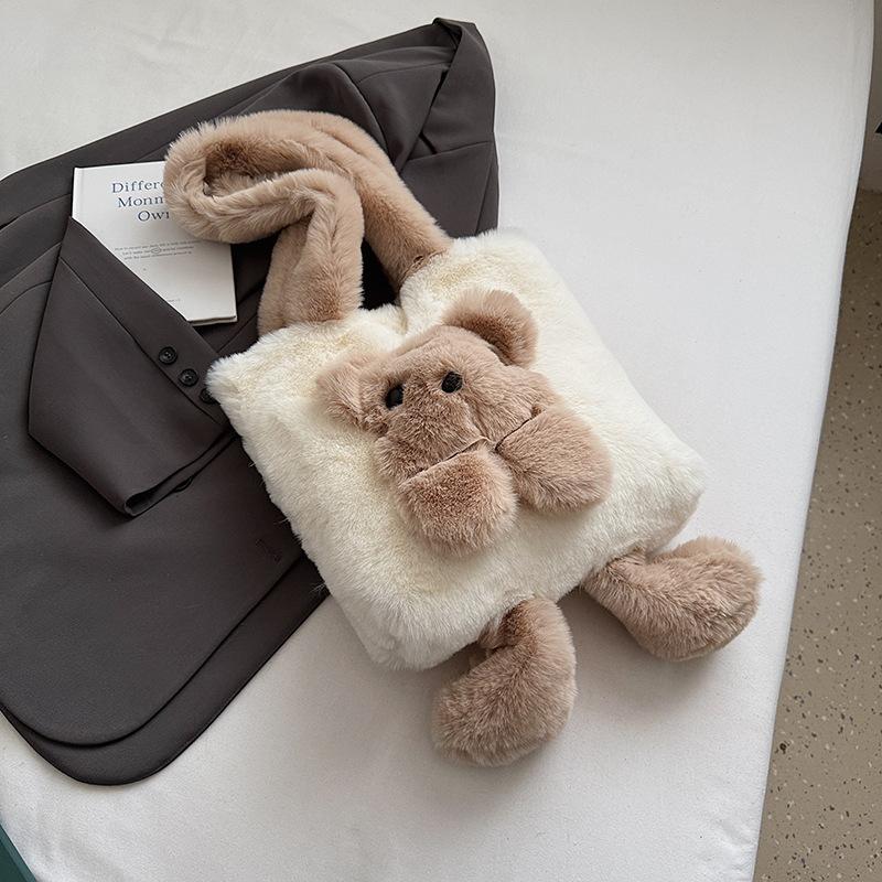 2025 Autumn New Fashion New Tote Plush Women's Bag Simple Shoulder Portable Bear Girlish Handbag Bag