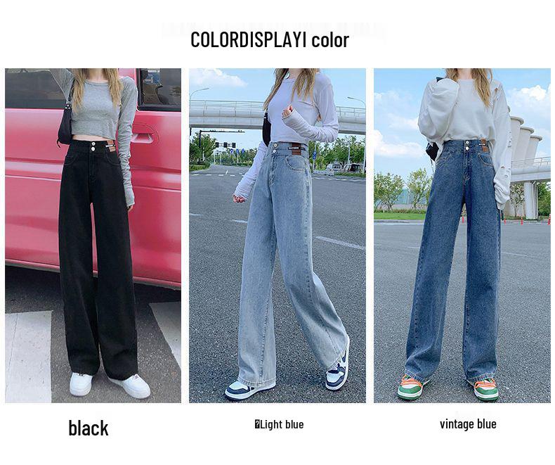 Women's Black Wide-Leg Jeans: 2025 Spring/Autumn High-Waisted Slimming Loose Floor-Length Pants