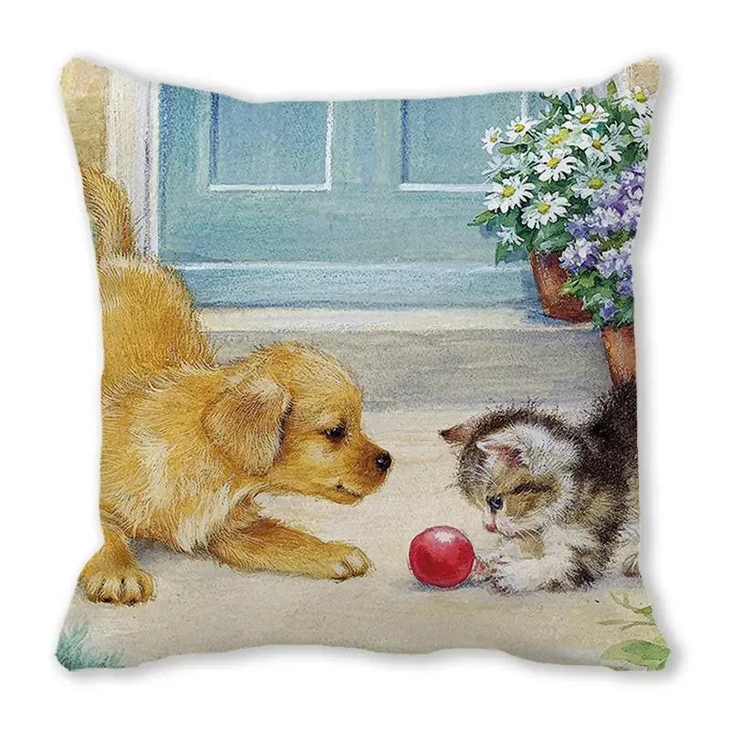 Urocza poszewka na poduszkę z nadrukiem zwierzęcym kota i psa do dekoracji sofy w salonie domowym, kwadratowa poszewka 45x45cm