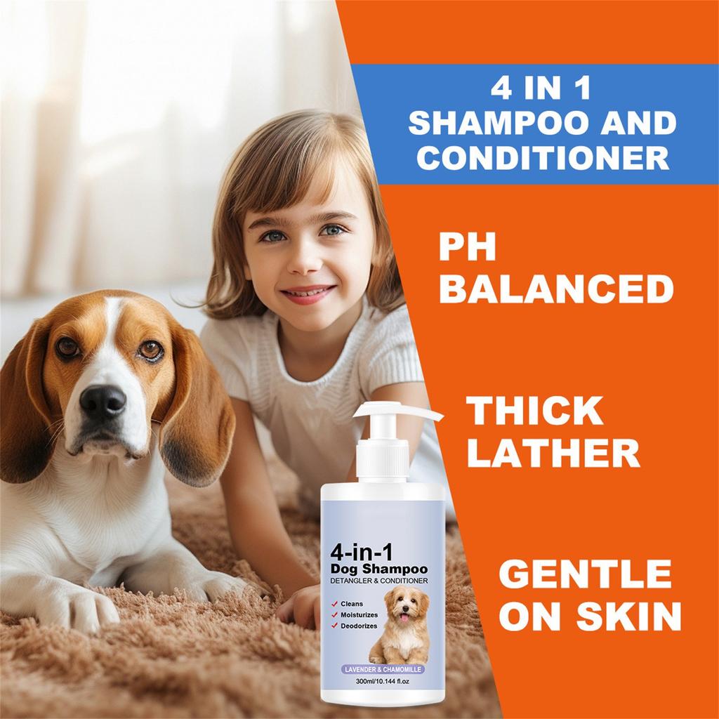 4-in-1 Beruhigendes Hundeshampoo - Reinigt, Pflegt, Glättet, Spendet Feuchtigkeit Mit Lavendel Kamille - Tierfreundliche Formel 300ml