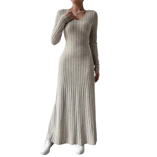 

Women s Fall Sweater Dress Long Sleeve V Neck Ribbed Knit Maxi Dress Tunic Winter A Line Long Swing Dress L