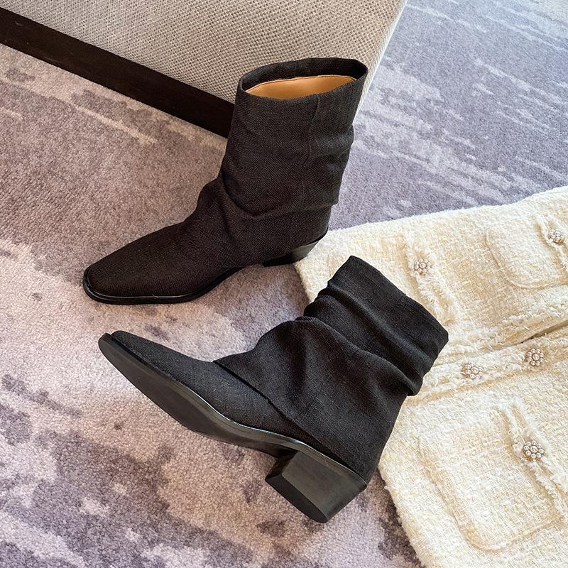 Versatile niche early summer flanged short tube linen cotton pleated short boots square head middle heel thin leg stacking boots