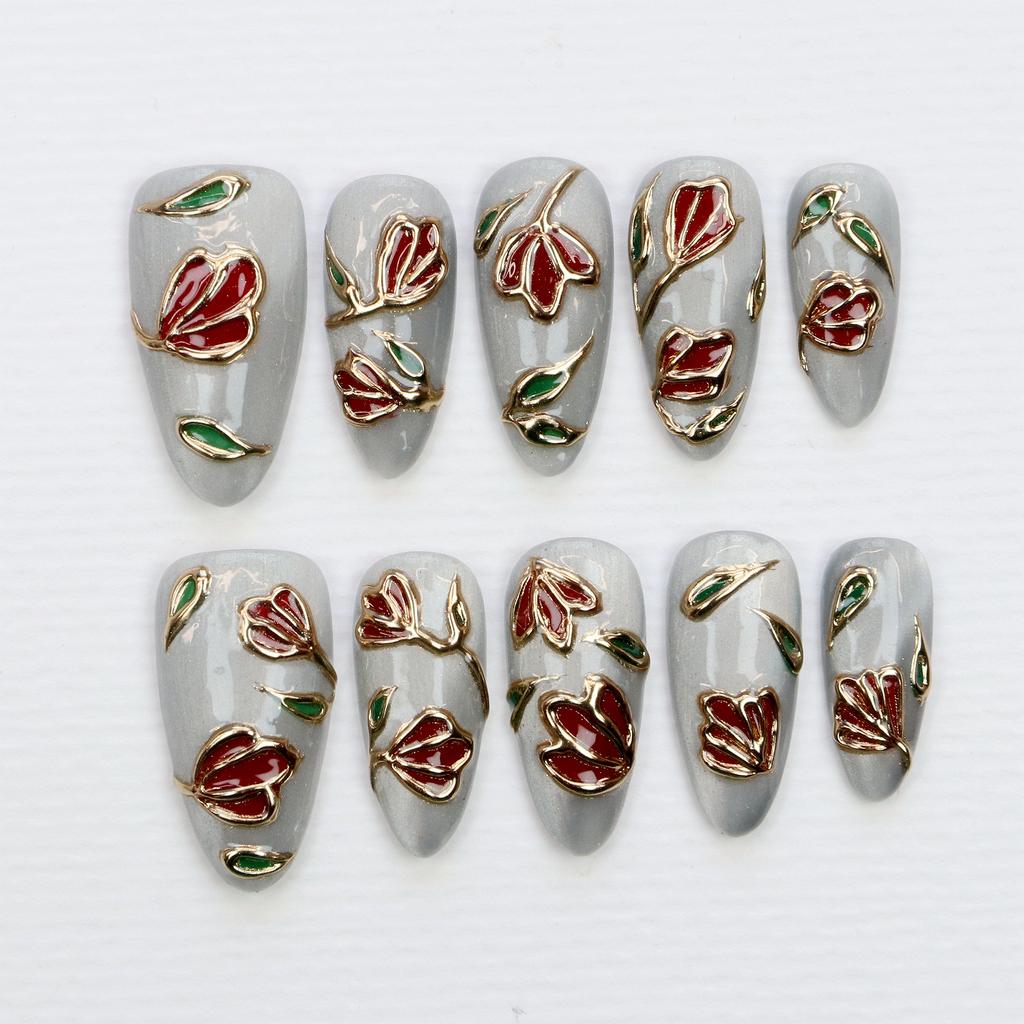 10Pcs 3D Beautiful Handmade Manicure Press On Nails, Acrylic Fake Handpainted Flowers Custom Design Adhesive Nail File Set